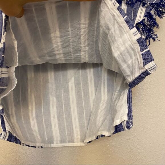 Tularose Revolve blue stripe frayed shirt blouse short sleeve crop coastal top S - Picture 3 of 8